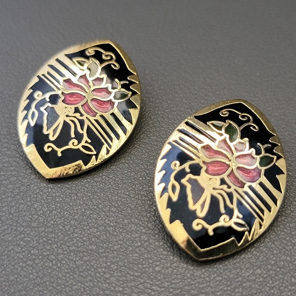 Vintage Black Enamel Floral Earrings – Oriental-Inspired Cloisonné Style